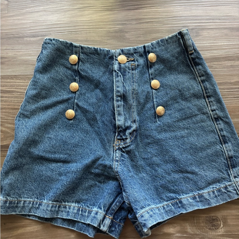 Zara Blue High-Waisted Shorts with Gold Buttons